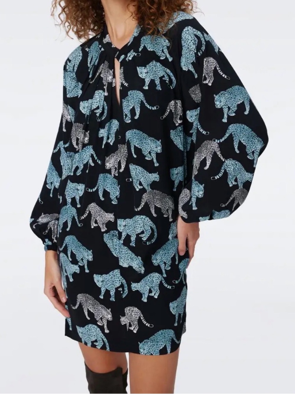 Diane Von Furstenberg Black Dress with Blue and White Leopard Motif